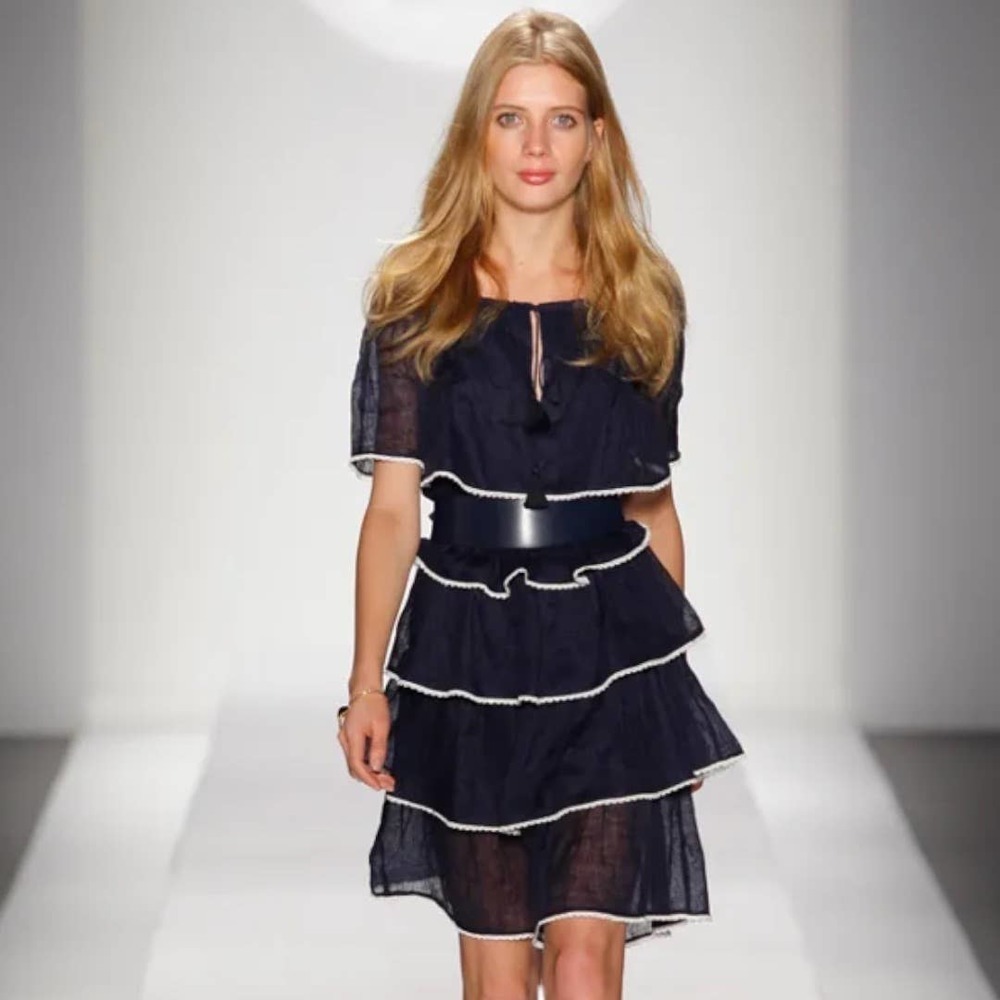 Tory Burch Navy Tiered Midi Dress with White Trim